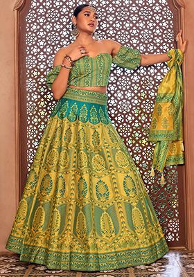 Lime Green Zari Woven Silk Lehenga Set