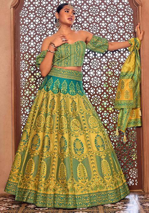 Lime Green Zari Woven Silk Lehenga Set