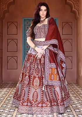 Maroon Zari Woven Silk Lehenga Set