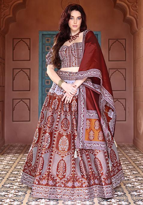 Maroon Zari Woven Silk Lehenga Set