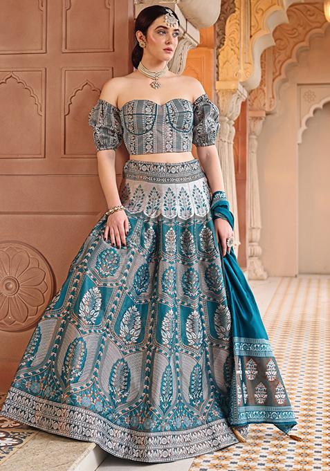 Teal Zari Woven Silk Lehenga Set