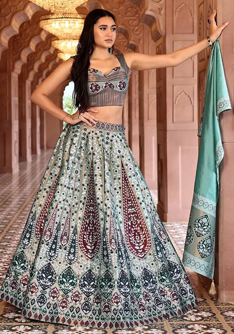 Sea Green Zari Woven Silk Lehenga Set