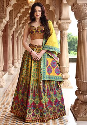 Lime Green Zari Woven Silk Lehenga Set