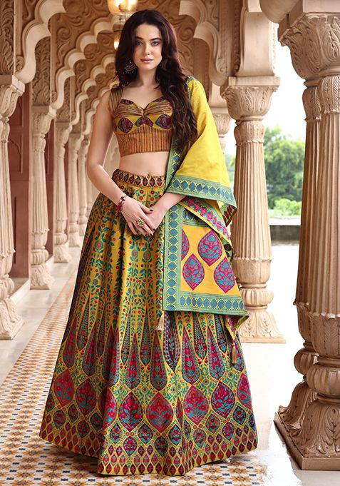 Lime Green Zari Woven Silk Lehenga Set