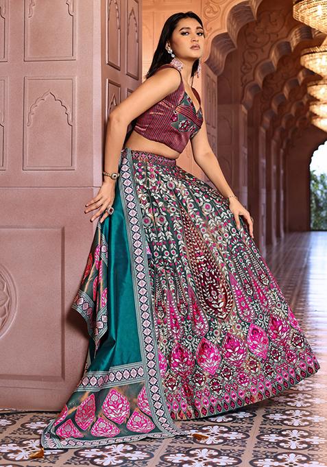 Teal Zari Woven Silk Lehenga Set