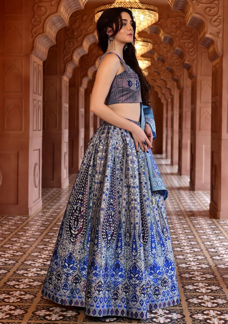 Grey Zari Woven Silk Lehenga Set