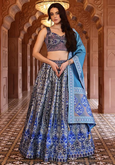 Grey Zari Woven Silk Lehenga Set