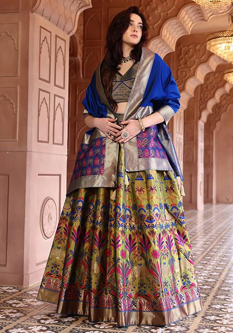 Olive Zari Woven Silk Lehenga Set