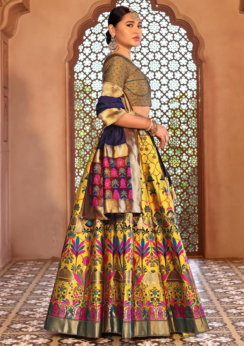 Yellow Zari Woven Silk Lehenga Set
