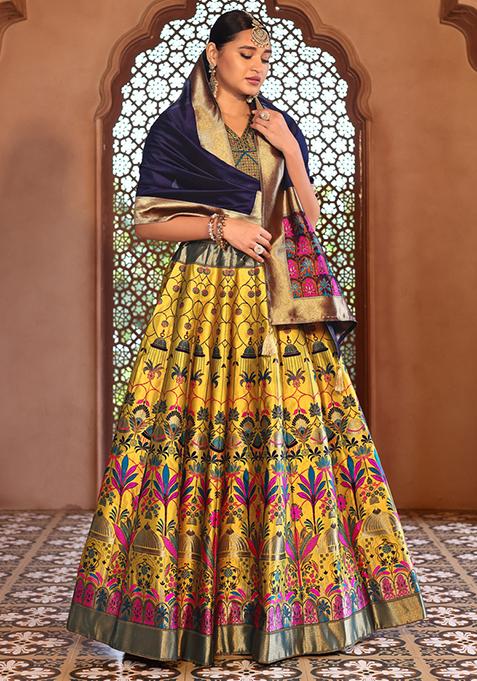 Yellow Zari Woven Silk Lehenga Set