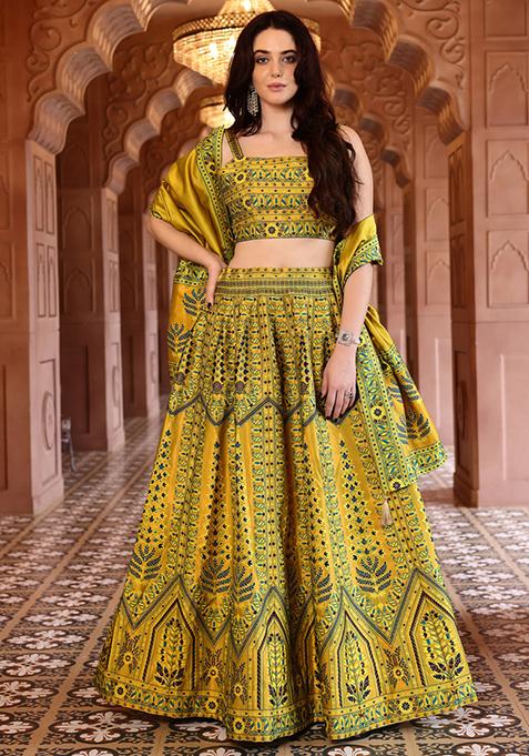 Mustard Zari Woven Silk Lehenga Set