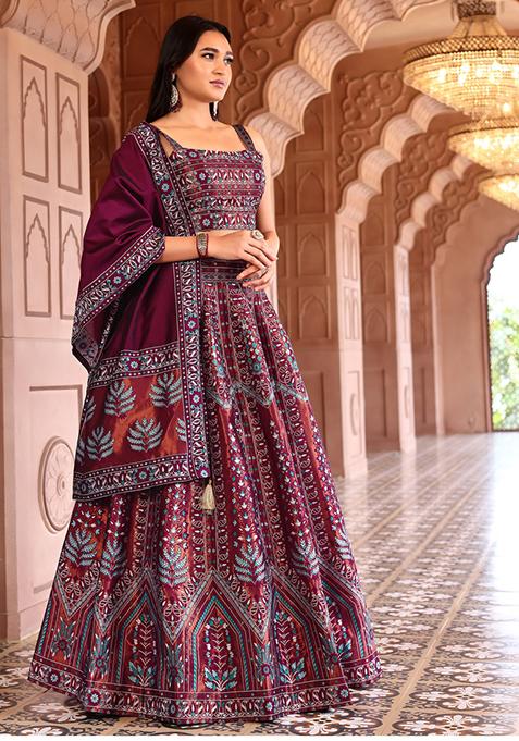 Maroon Zari Woven Silk Lehenga Set