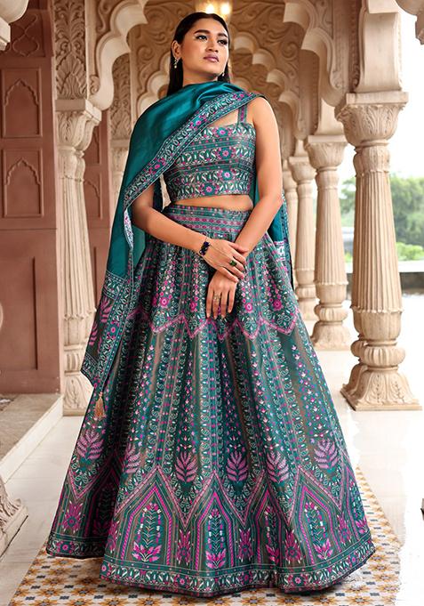 Teal Blue Zari Woven Silk Lehenga Set