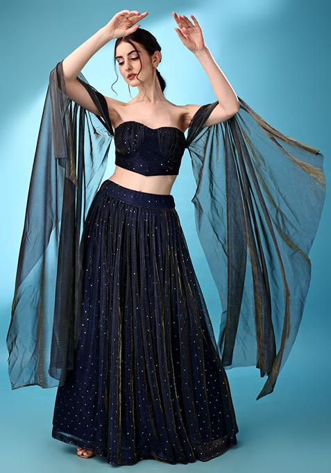 Navy Blue Embellished Net Lehenga Set