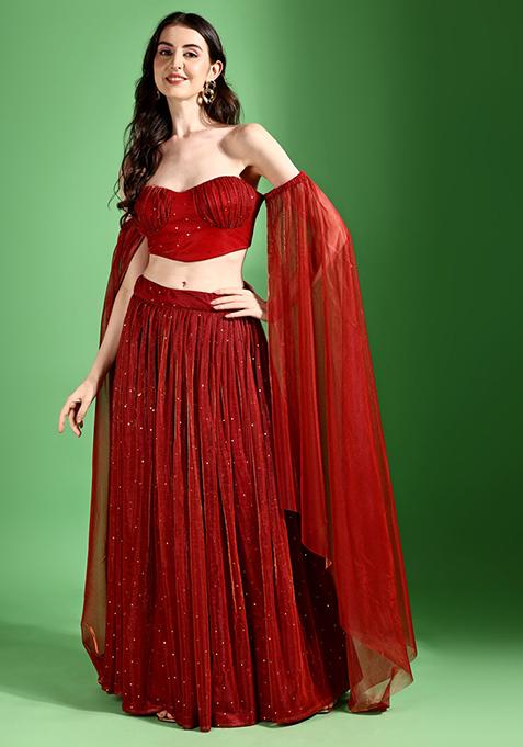 Red Embellished Net Lehenga Set