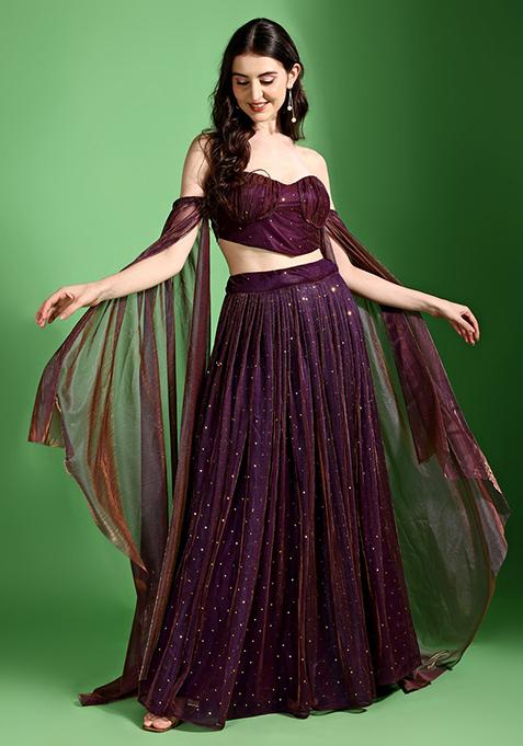 Wine Embellished Net Lehenga Set