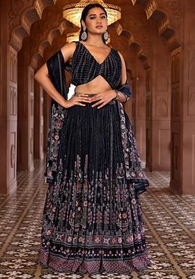 Navy Blue Printed Chiffon Lehenga Set