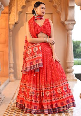 Red Printed Chiffon Lehenga Set