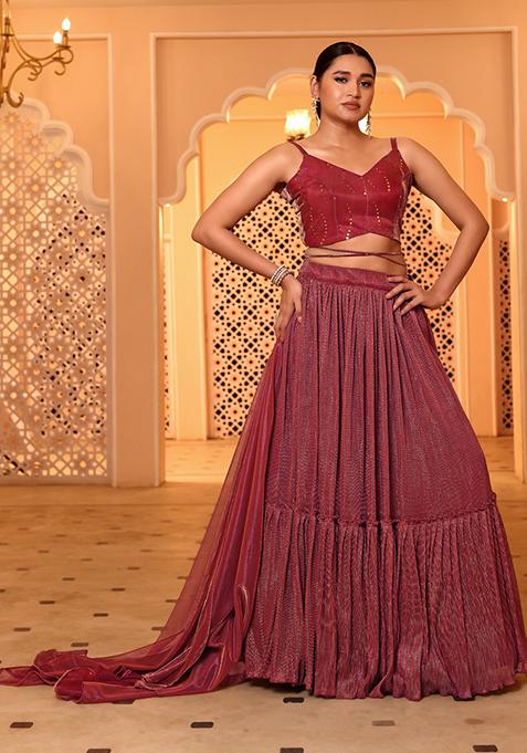 Light Red Embellished Net Lehenga Set