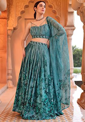 Aqua Blue Printed Chiffon Lehenga Set