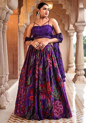 Dark Purple Printed Chiffon Lehenga Set