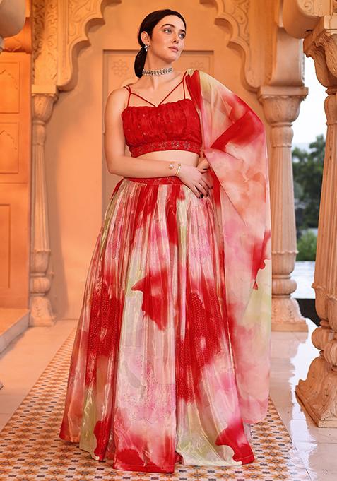 Red Printed Chiffon Lehenga Set