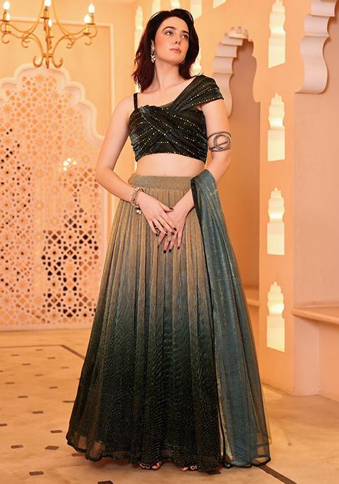 Dark Olive Embellished Net Lehenga Set