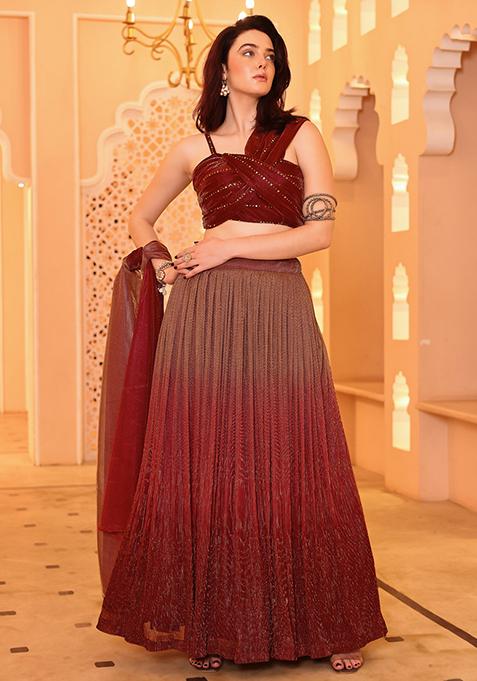 Maroon Embellished Net Lehenga Set