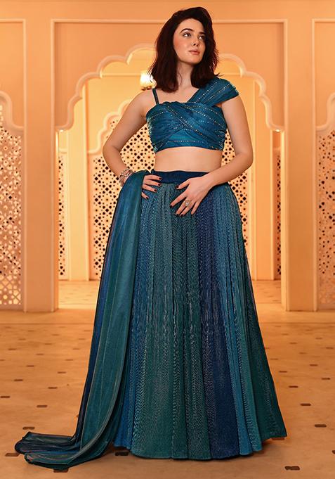 Dark Aqua Blue Embellished Net Lehenga Set