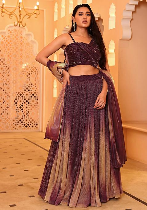 Wine Embellished Net Lehenga Set