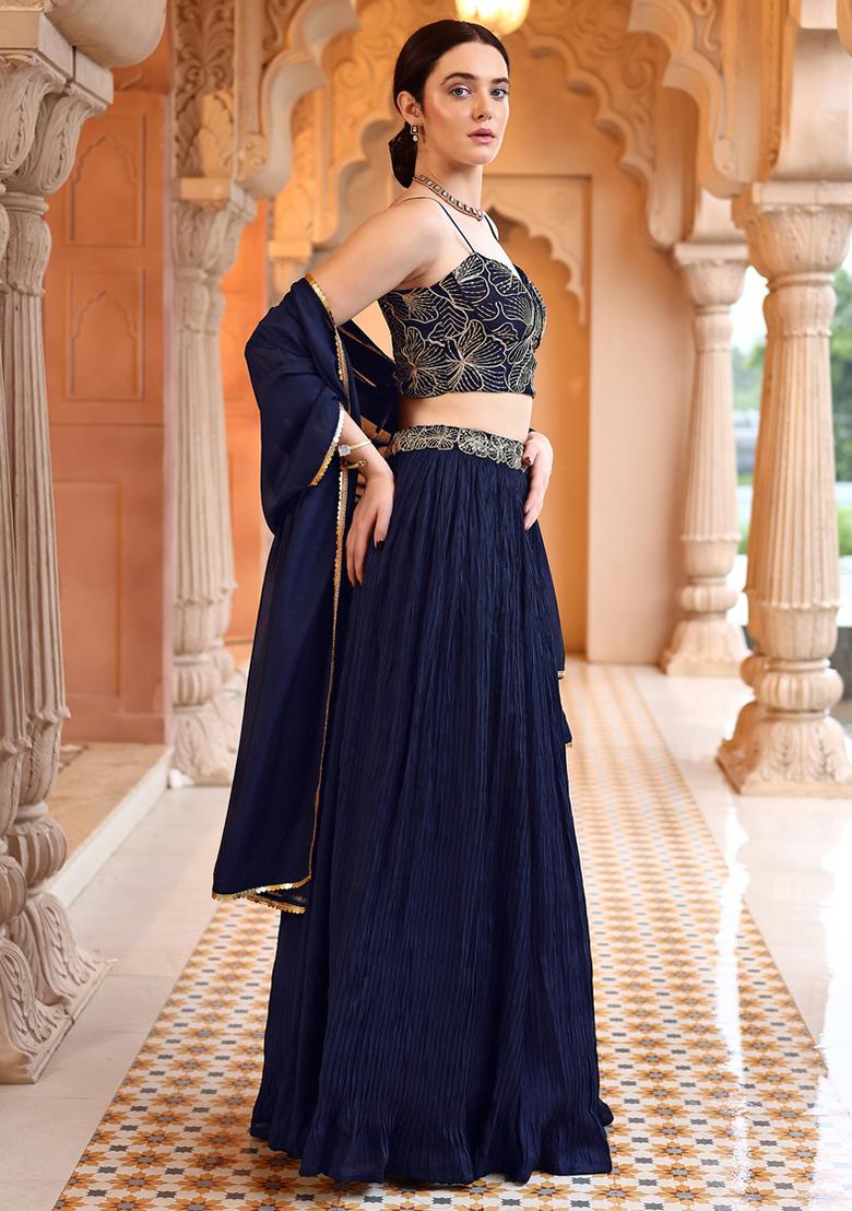 Navy Blue Embellished Silk Lehenga Set