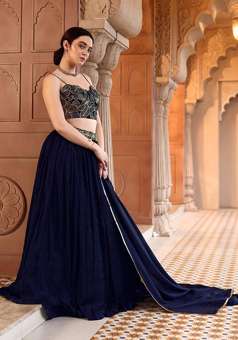 Navy Blue Embellished Silk Lehenga Set