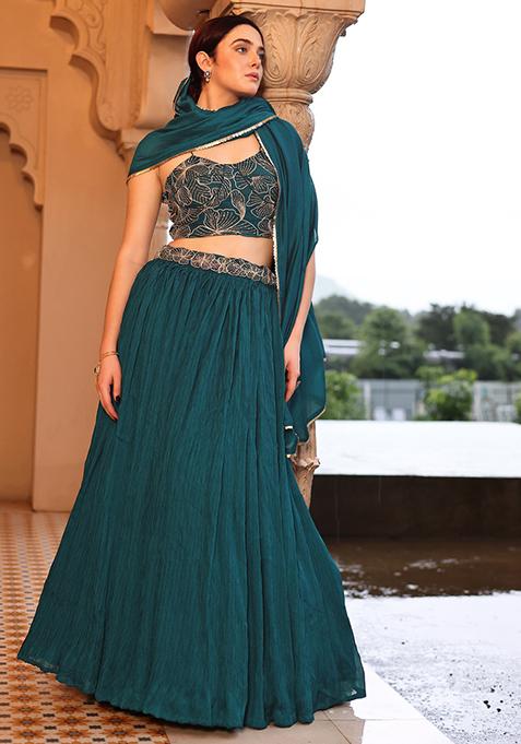 Teal Embellished Silk Lehenga Set