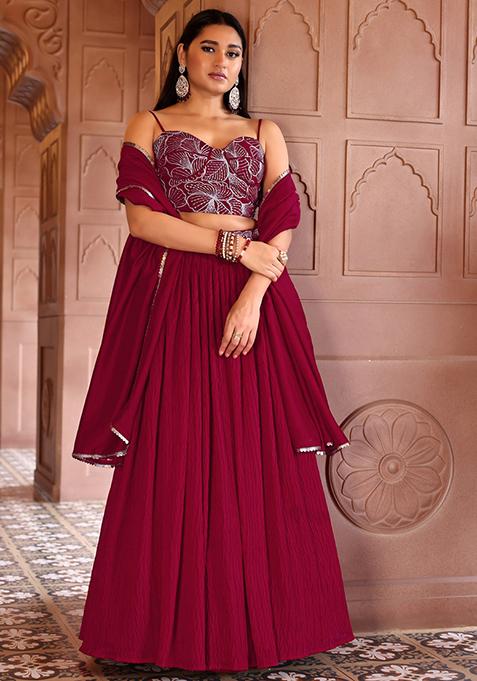 Magenta Embellished Silk Lehenga Set