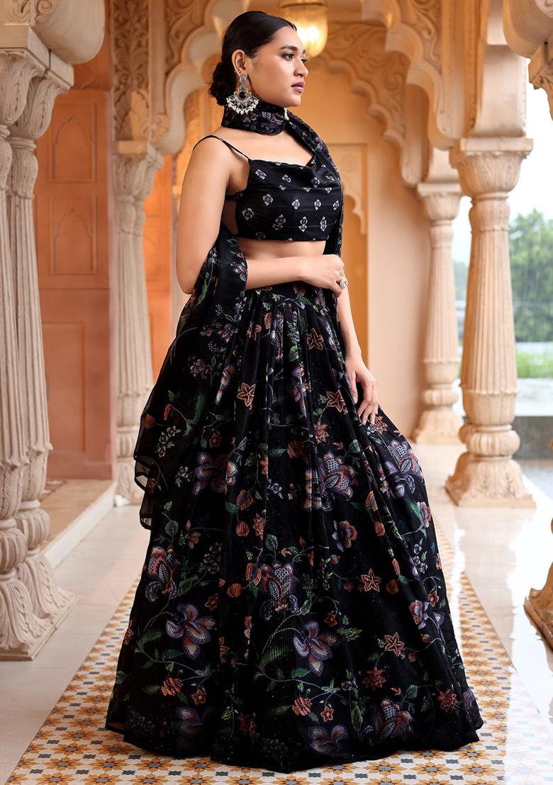 Black Printed Georgette Lehenga Set