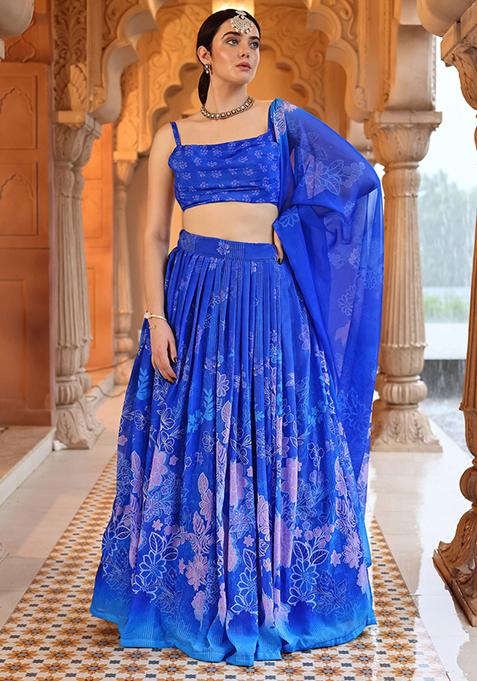 Blue Printed Georgette Lehenga Set