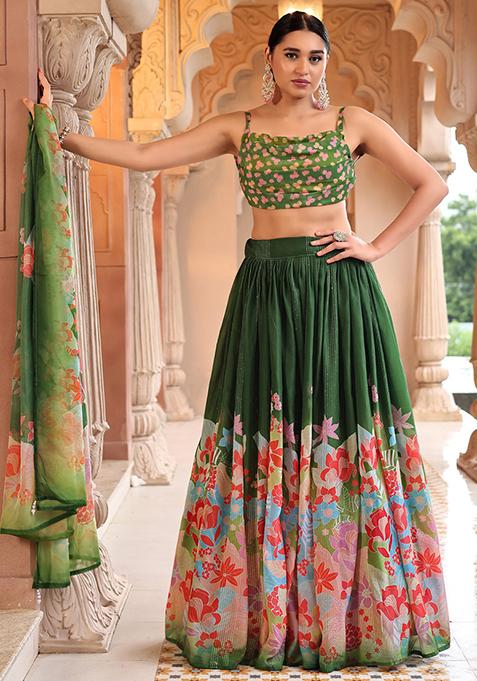 Green Printed Georgette Lehenga Set