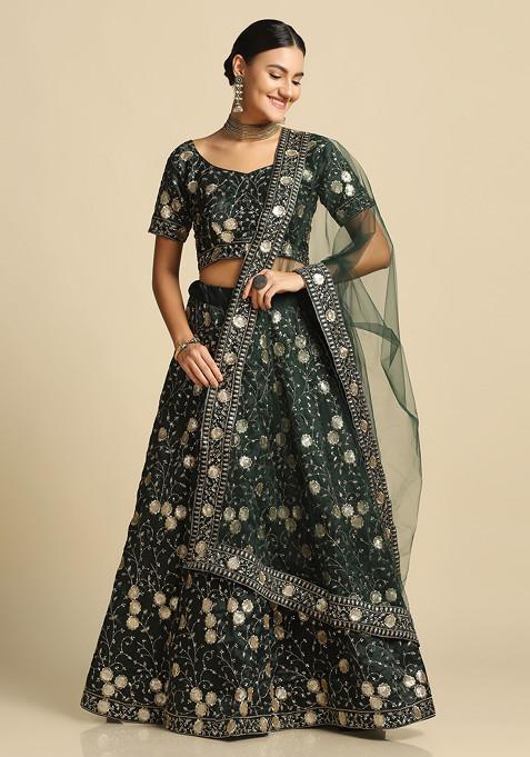 Dark Green Sequin Embroidered Taffeta Lehenga Set