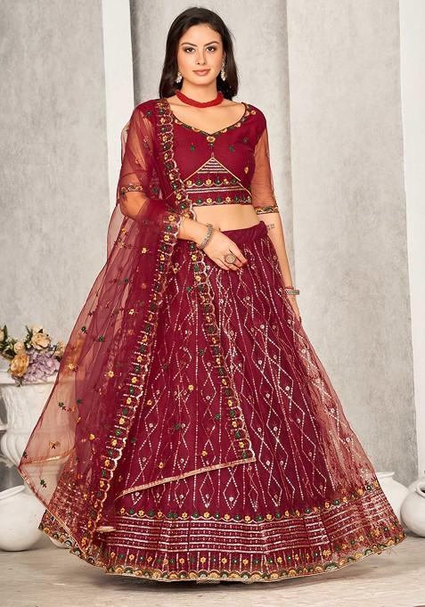 Maroon Thread Embroidered Net Lehenga Set