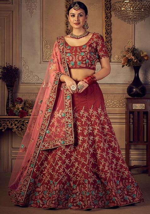 Maroon Embroidered Taffeta Lehenga Set