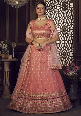 Peach Embroidered Net Lehenga Set