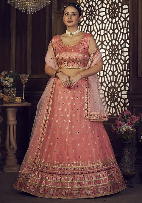 Peach Embroidered Net Lehenga Set