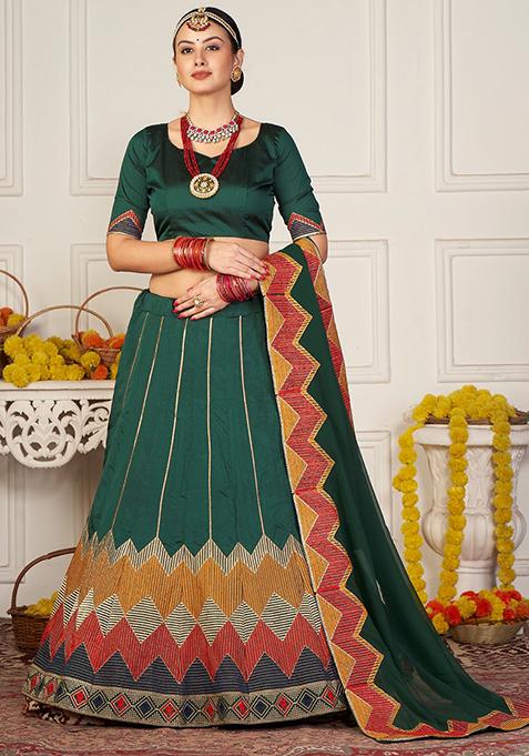 Green Embroidered Taffeta Lehenga Set