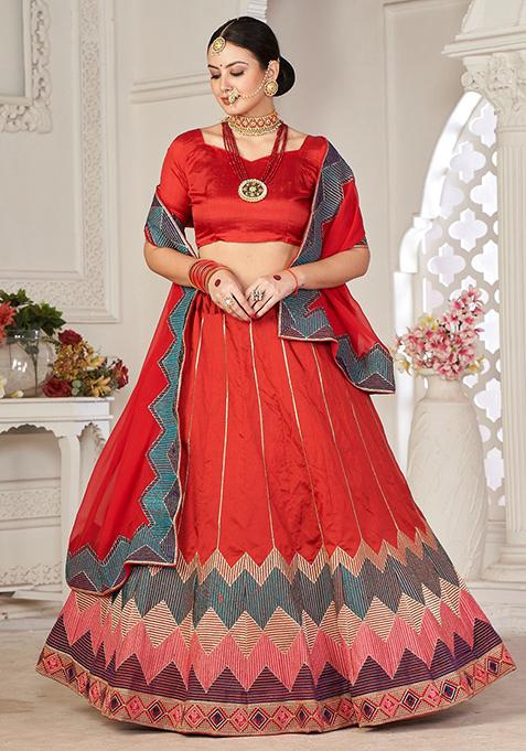 Red Embroidered Taffeta Lehenga Set