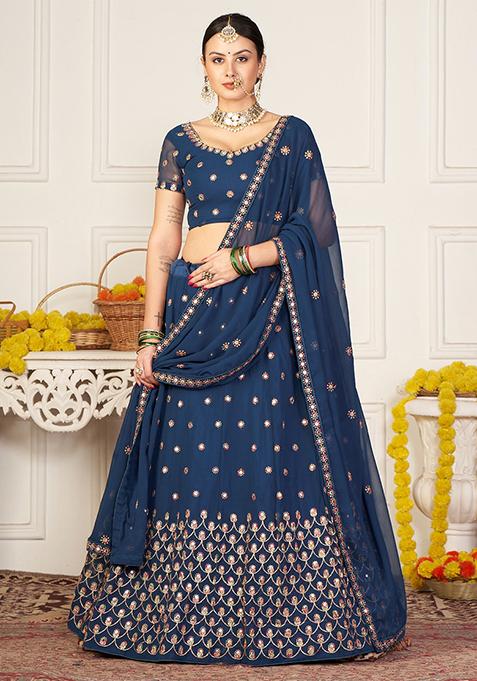 Teal Blue Embroidered Georgette Lehenga Set