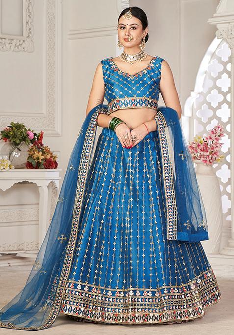 Rama Blue Embroidered Net Lehenga Set