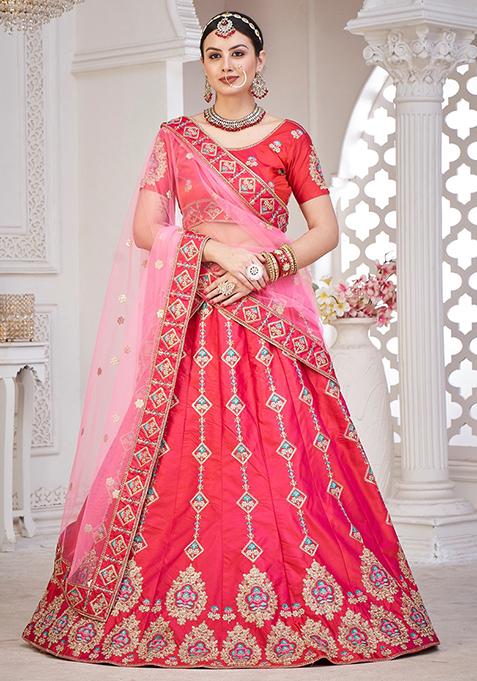 Pink Embroidered Taffeta Lehenga Set