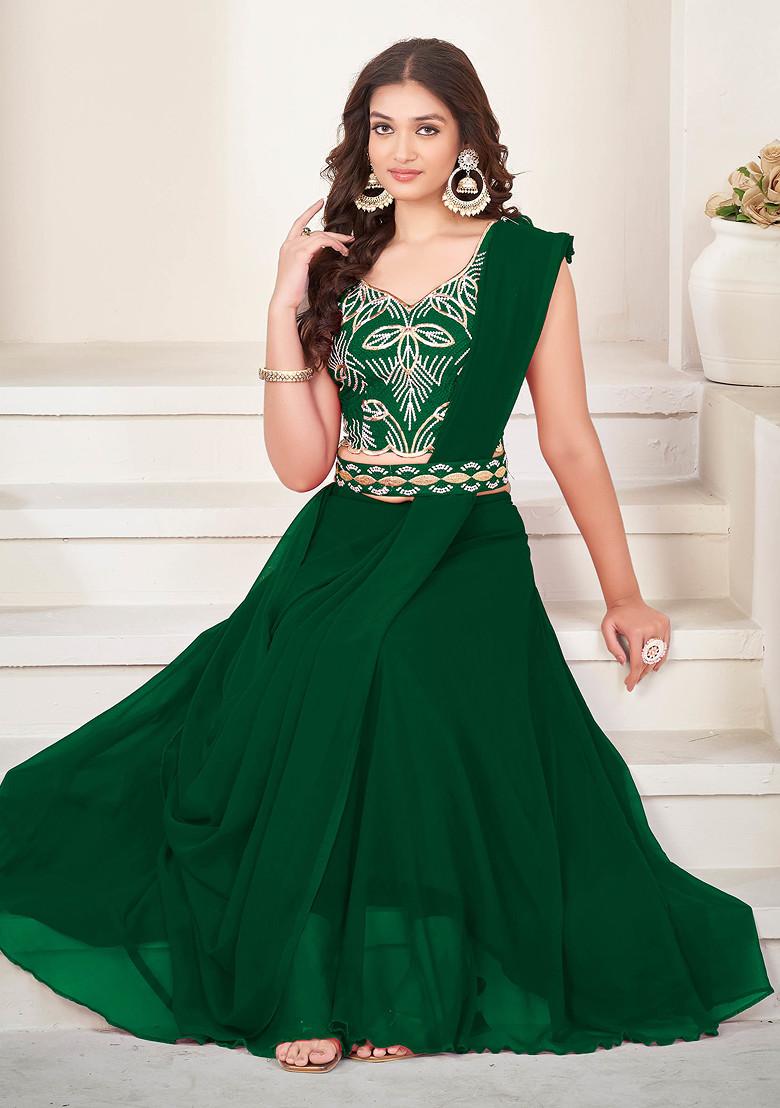 Green Embroidered Georgette Lehenga Set