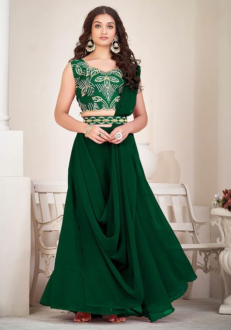 Green Embroidered Georgette Lehenga Set