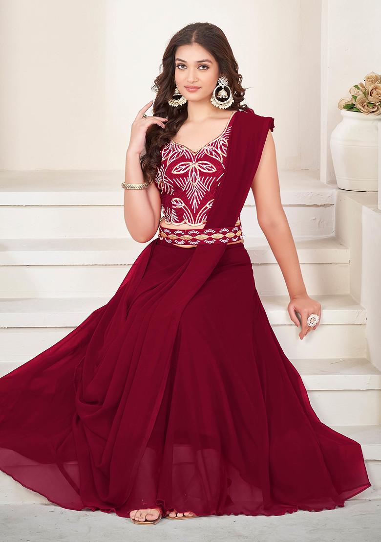 Maroon Embroidered Georgette Lehenga Set